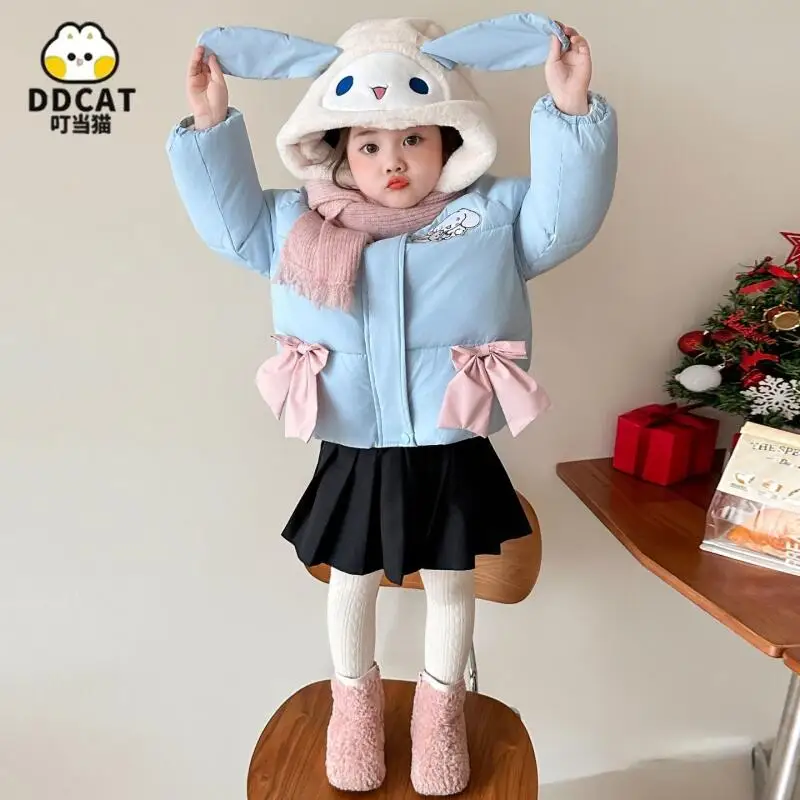 

My Melody Cinnamoroll зимняя куртка с хлопковой подкладкой для девочек с вышивкой и бантом, милое утепленное пальто с капюшоном на флисовой подкладке