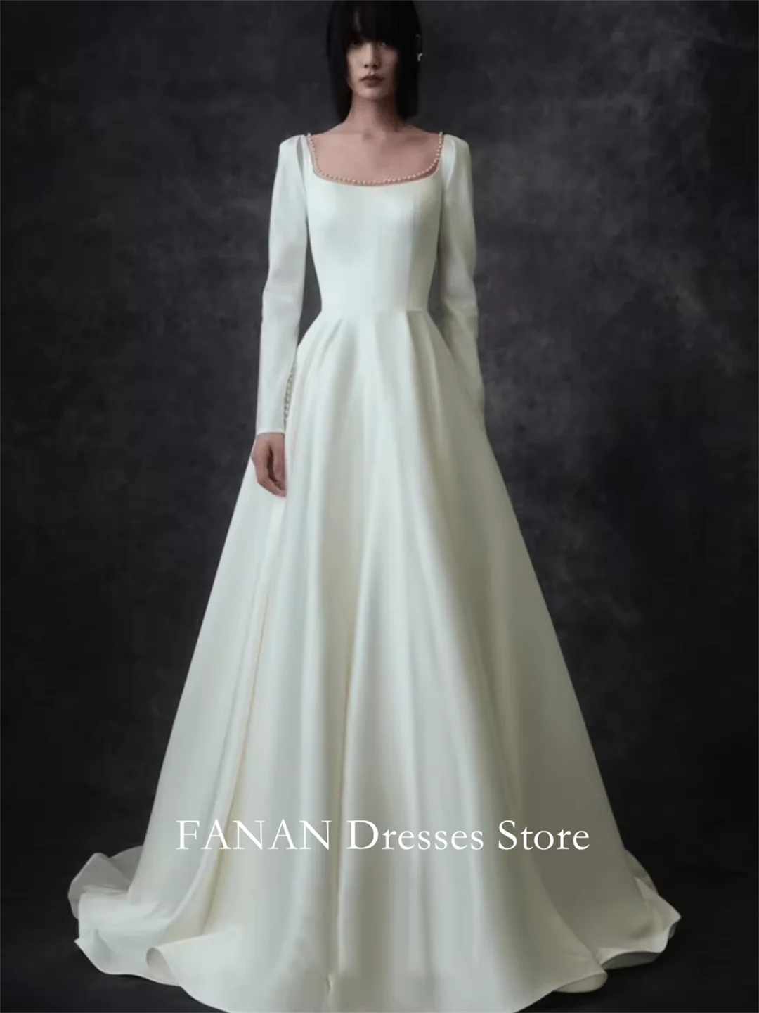 

FANAN Square Neck Korea Ivory A-Line Buttons Wedding Dresses 웨딩드레스 Long Sleeves Customized Pretty Bride Gowns Plus Size