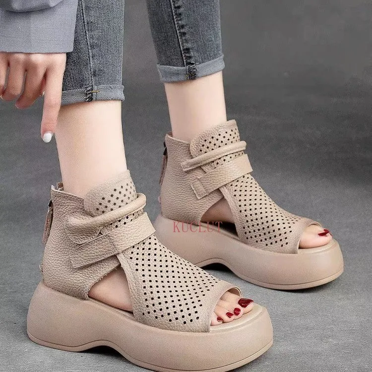 Scarpe estive con foro traspirante cava suola spessa in pelle pu bocca di pesce cerniera posteriore scarpe con plateau sandali da donna comodi retrò