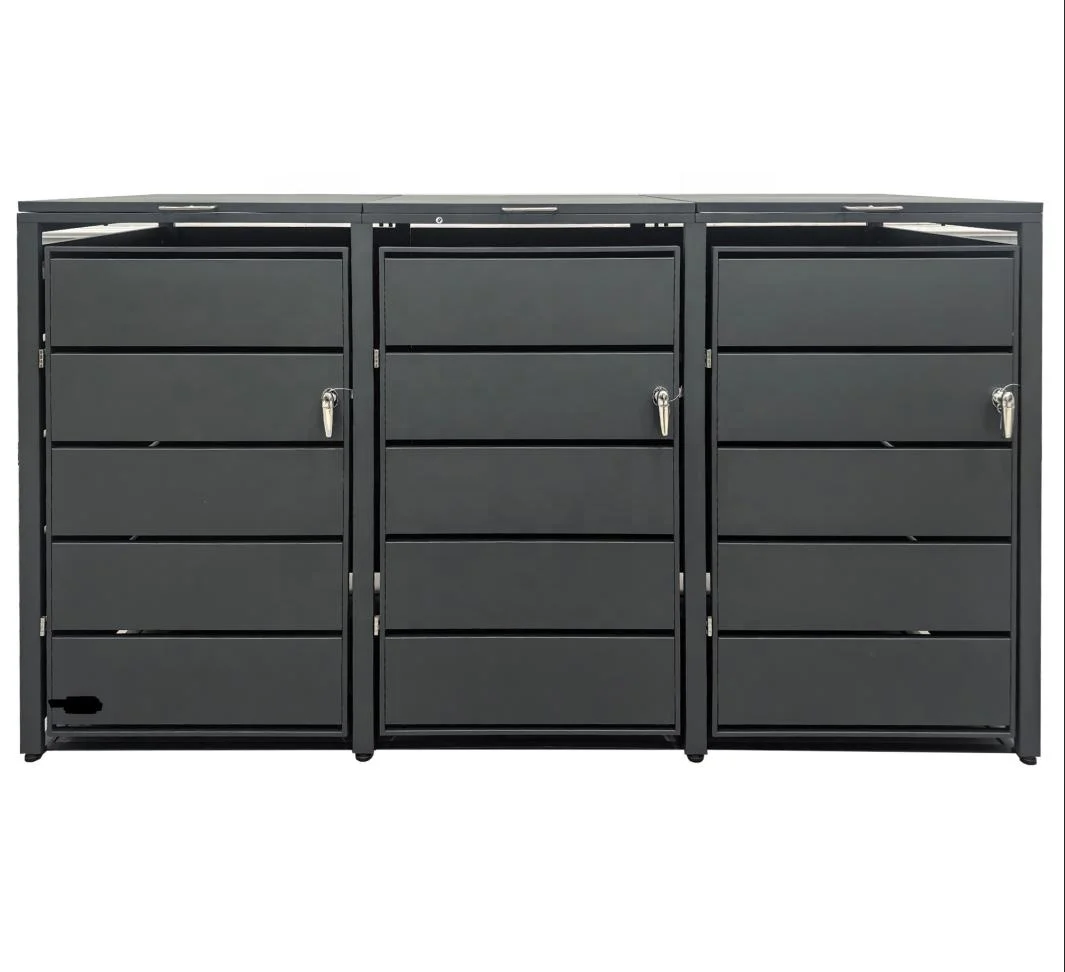 Double Door Metal Steel Wheel Garbage Bin Lid Cabinet Outdoor Garden