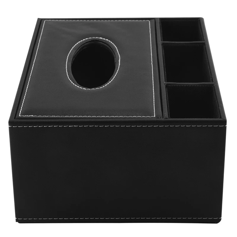 PU Tissue Box Remote Control Holder Multifunctional Desktop Organizer Pencil Scissor Container (Black)