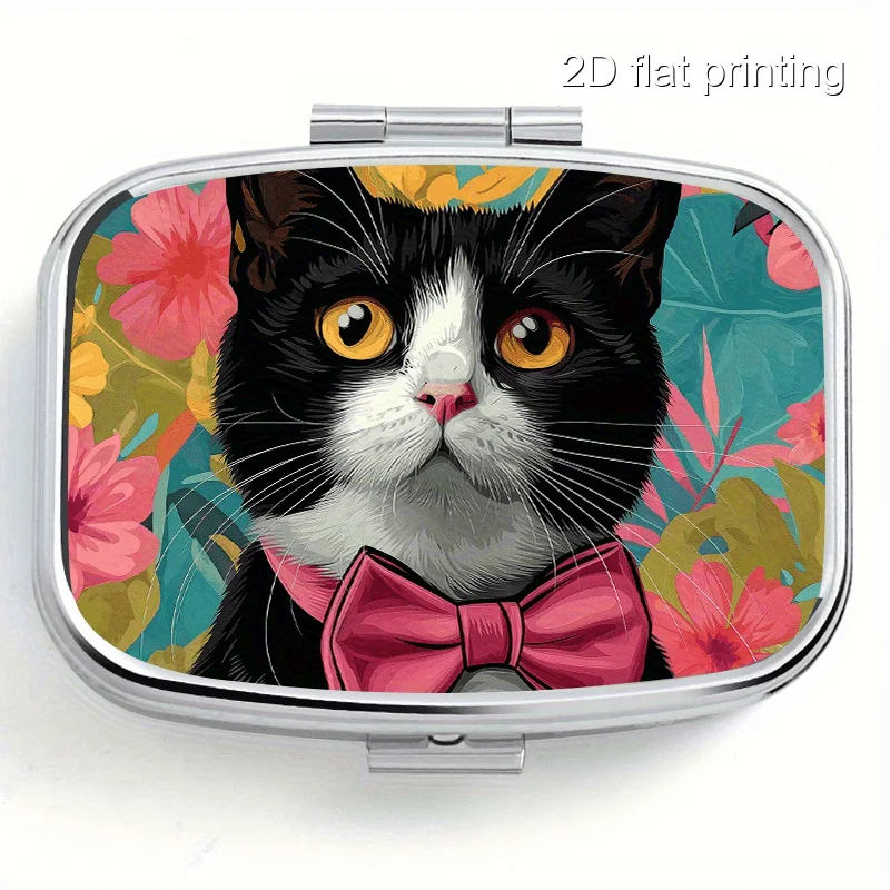 1PCS gentleman cat pattern printed square sealed box, two-compartment sealed pill box, mini portable sealed box, suitable for travel, outdoor sports, or as a portable sealed pill box for purses and bags, a multi-functional metal box for storing decorative items, jewelry, earrings, vitamins, and other items, a multi-compartment storage box for sorting and packaging, suitable for home and travel, sealed and moisture-proof, a unique small gift collection box