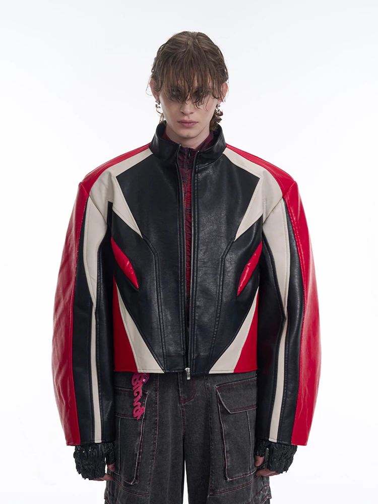 High Street korte staande kraag kunstleer jas heren lente contrasterende kleur splitsen motorfiets mode jas