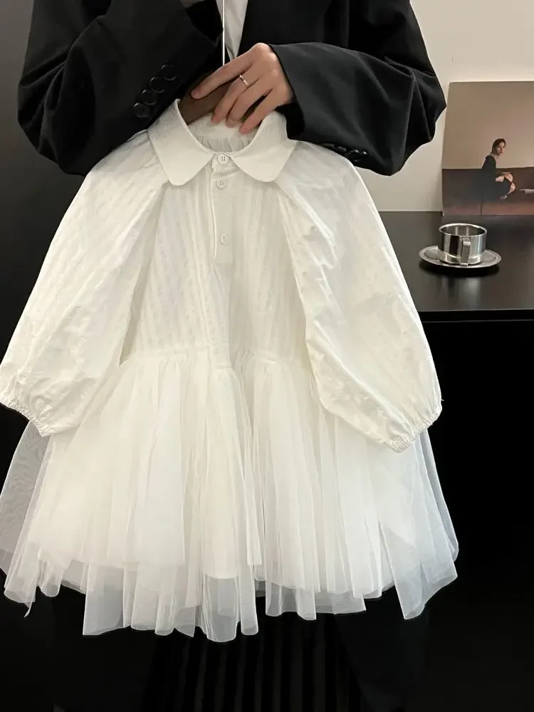 

Baby temperament solid color shirt dress Girls' dress 2025 autumn stylish new children's patchwork mesh dress