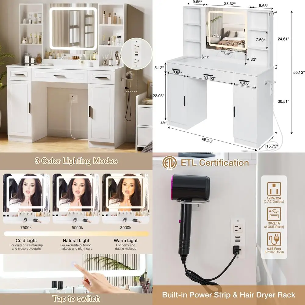 LED Lighted Makeup Vanity Desk with Drawers, 45.3 Wide, Large Mirror, Storage Cabinet for Beauty Essentials