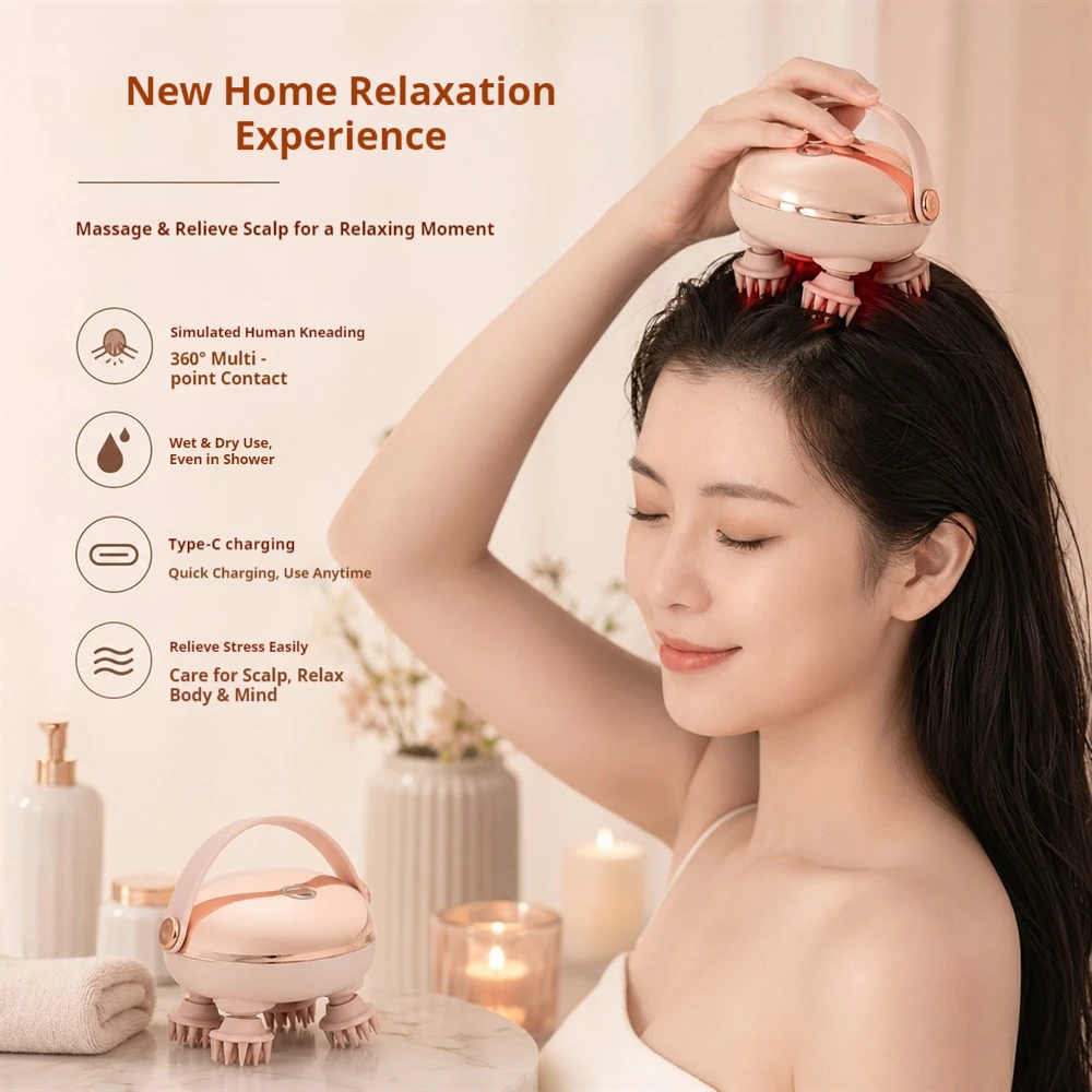 Electric Head Scalp Massager Wireless Rechargeable Waterproof Red Light Simulated Kneading For Head Relaxation Adults And Pets