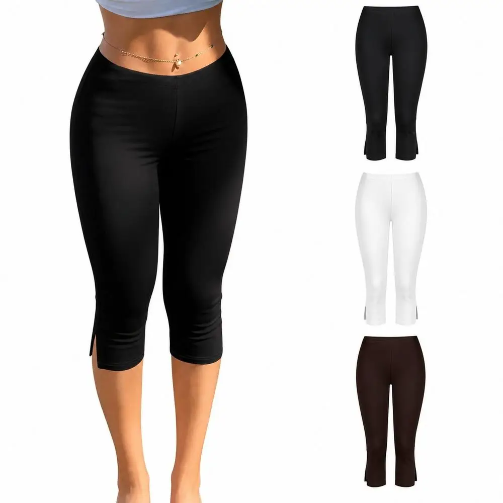 Stretch Knit Slim Fit Pants Side Slit High Waist Cropped Leggings Body Hugging Elastic Waistband High Waist Pants Casual Wear