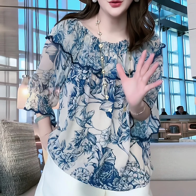 

Chiffon Women's Shirt Summer Prints Vintage Blouses Loose Short Sleeve Women Tops O-neck Fashion Clothing 2024 Korean