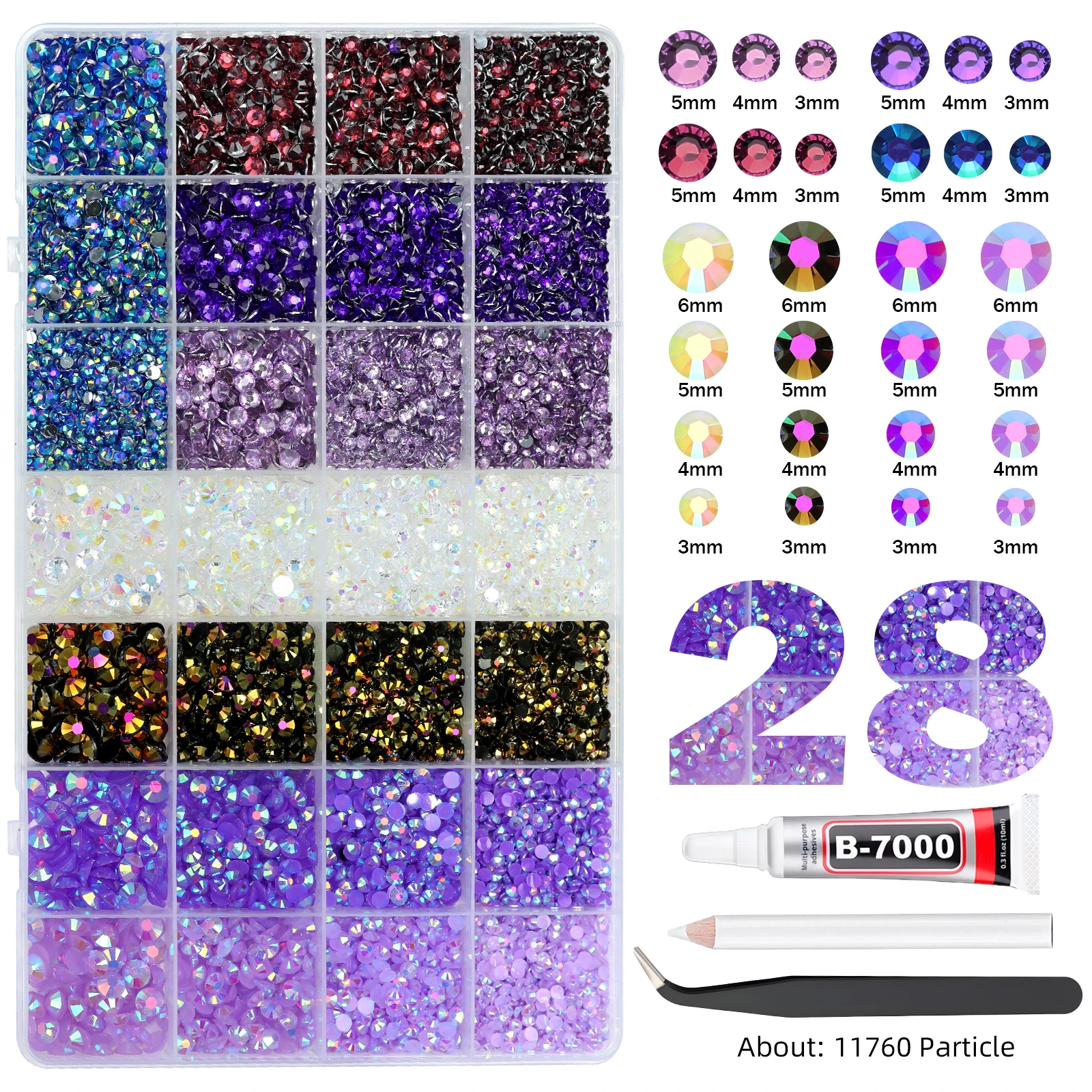 28Grid 3/4/5/6mm Gemengde Kleur Harsen Boor AB Strass Set Platte Achterkant Nagelboor Voor Telefoon Kleding DIY Decoratie Nagels Ambachten