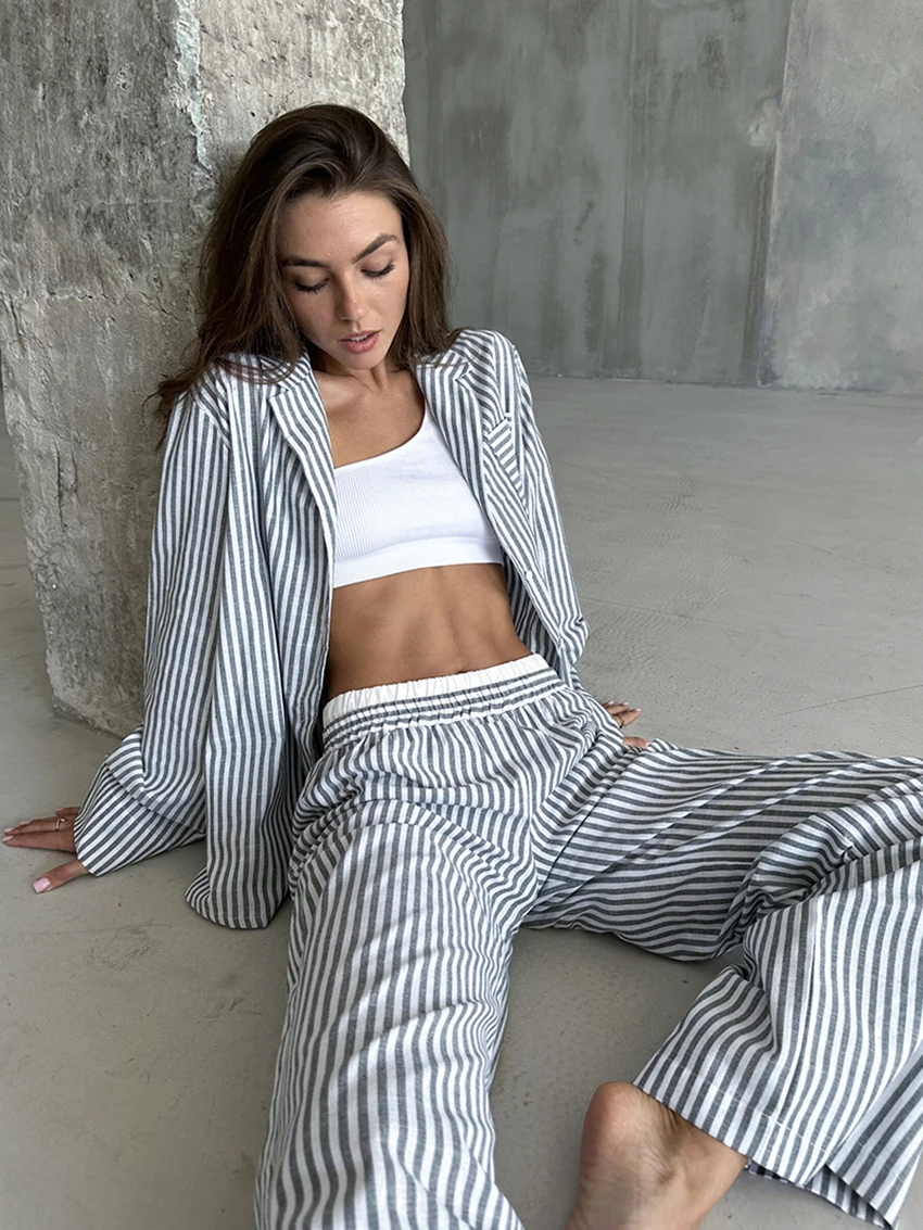 Marthaqiqi Striped Female Sleepwear Suit Long Sleeve Nightwear Sexy Turn-Down Collar Pajamas Wide Leg Pants Loose Nightgowns Set