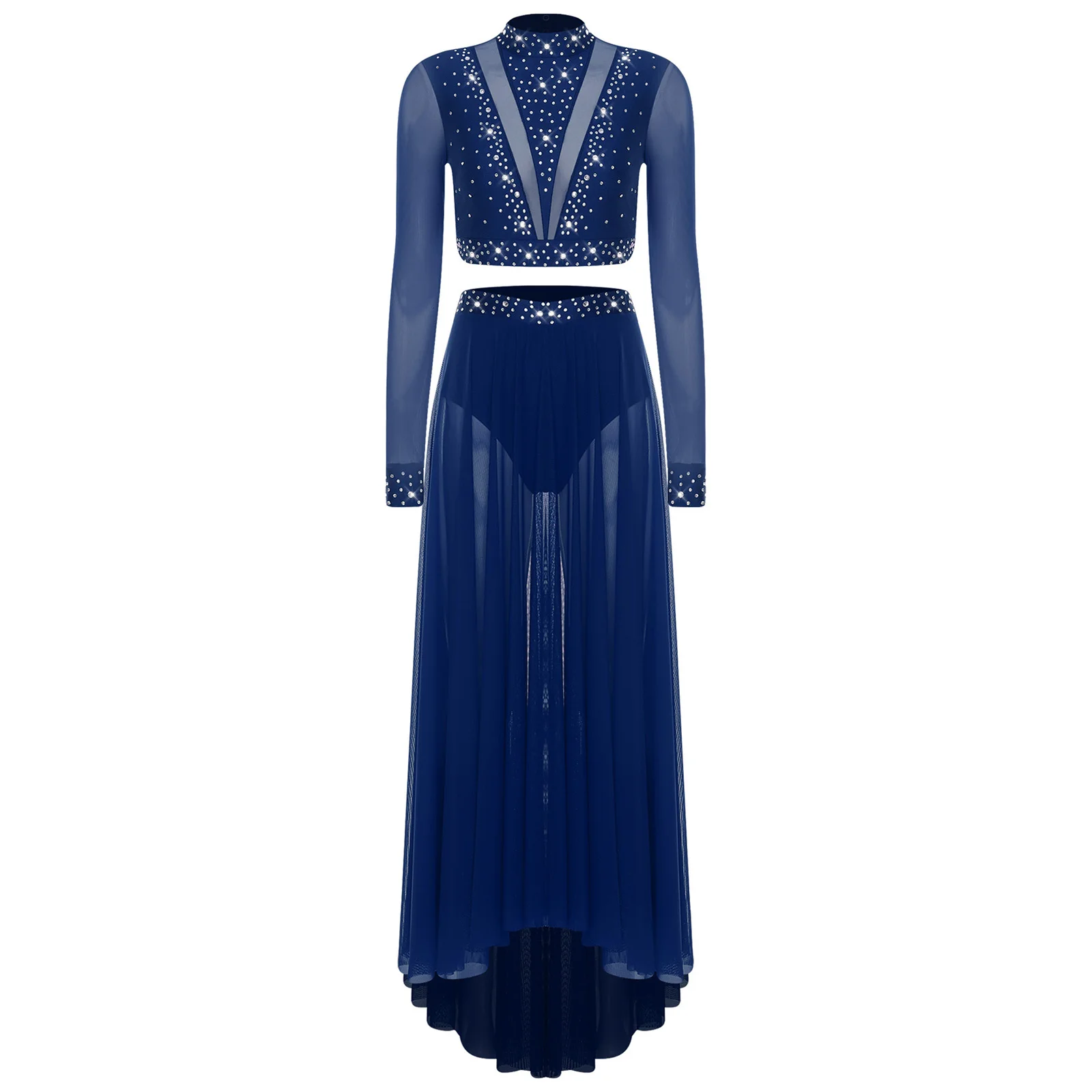 

Women Lyrical Modern Dance Costume Half Sleeve Back Hollow Out Crop Tops And High-low Mesh Hem Skirt for Belly Dance Performance