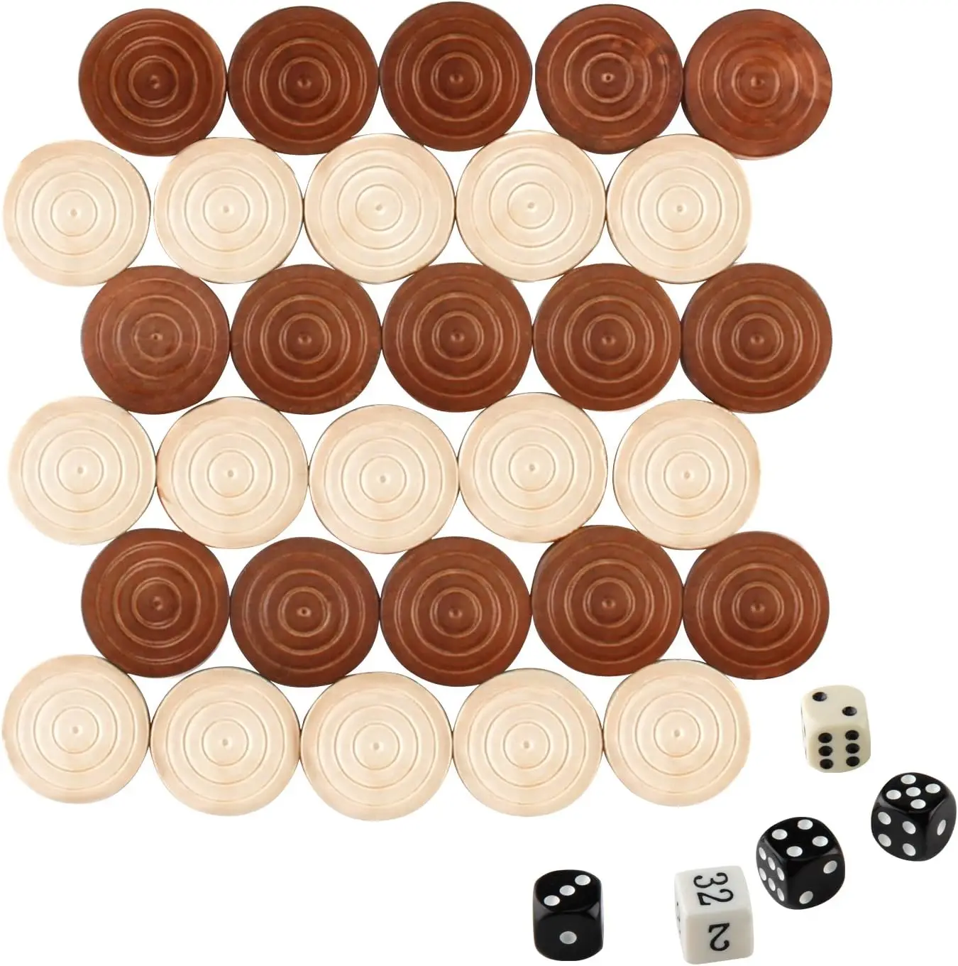 Thread Wooden Checkers Pieces Nature Wood Backgammon Pieces with Drawstring Bag, 5 Dices Included
