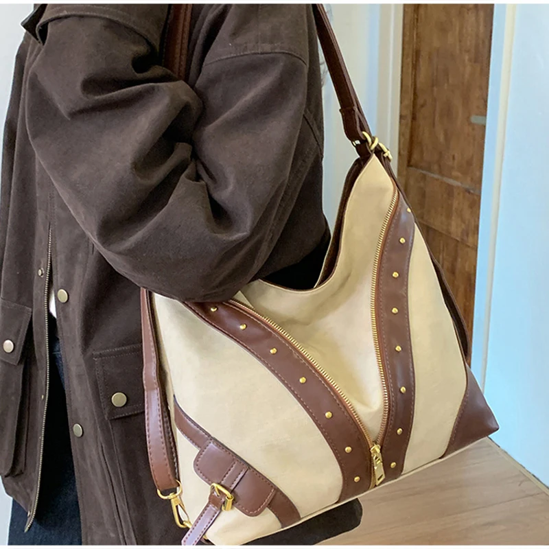 Vintage-Rucksack, Damen-Tragetasche, Retro-Spleiß-Hobo-Umhängetasche, lässige Alltags-Einkaufstasche mit Nieten-Dekor – Detail 18