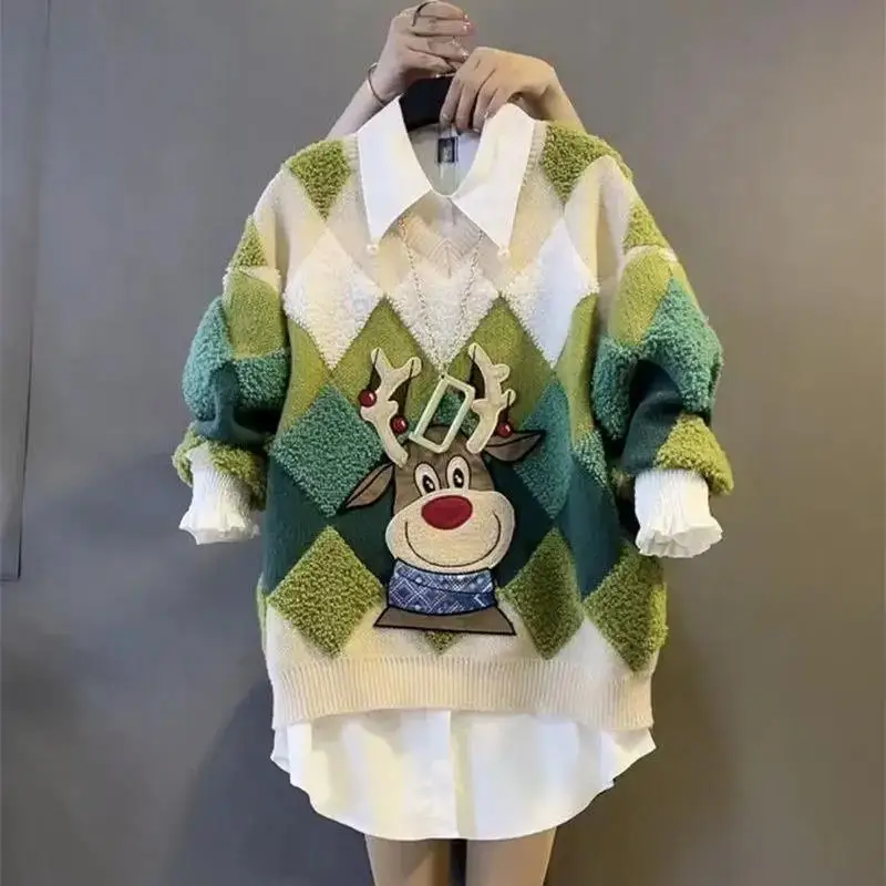 

Fashion Vintage Argyle Color Blocking Sweaters Female 2024 New Autumn Winter Cartoon Patchwork Long Sleeve Loose Knitted Jumpers