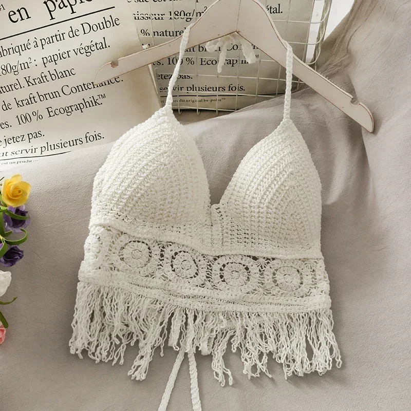 Sexy Beach Holiday Camisole Halter Women Crochet Knit Swimsuit Bra Backless Vest Hollow Tassel Tank Top Women\'s Crop Tops