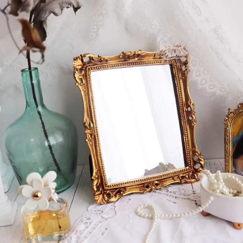 

simple Nordic Resin Rectangular Large Gold Mirror Vintage Home Decor Table Standing Mirror Wall Hanging Bedroom Make-up Mirror