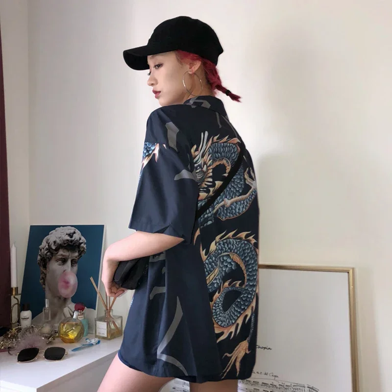 2023 Spring Summer Harajuku Women blouses BF oversize Fashion Streetwear Tops Brand design Dragon Print Short Sleeve Shirts