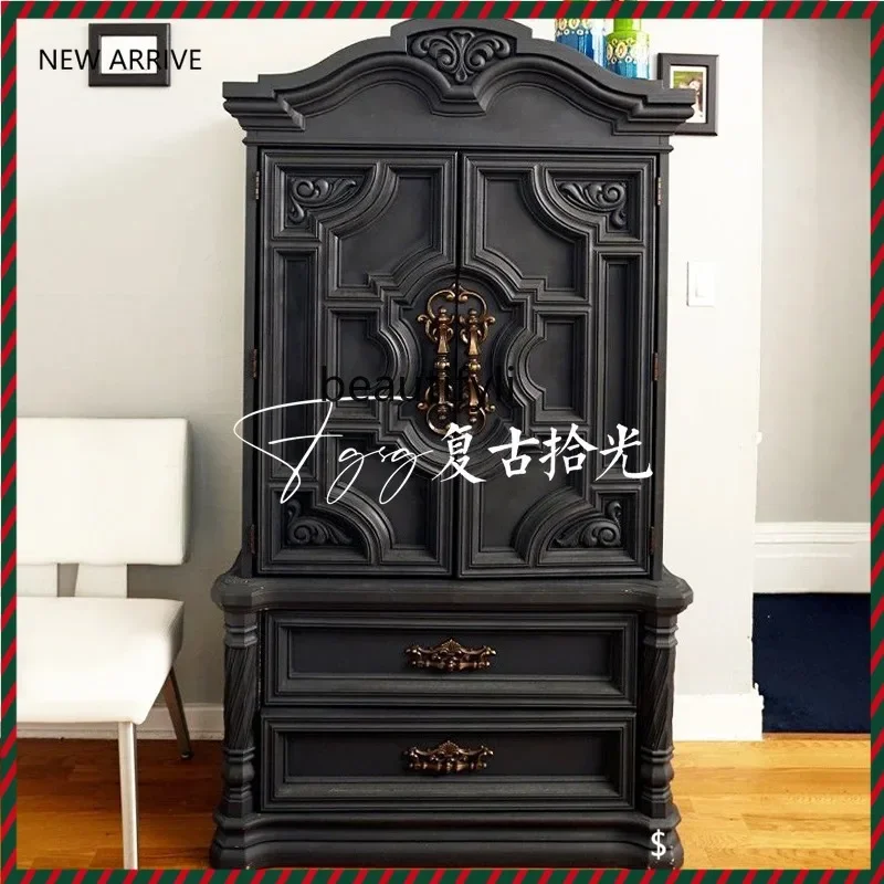 TTT Retro, French retro solid wood carving flower wine cabinet American retro decorative cabinet living room wall storage cabine