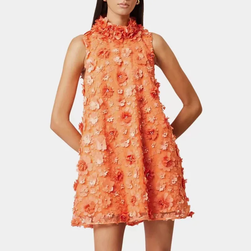 

Elegant Socialite Style Heavy Beaded Sleeveless Dress2025New Style 3D Flower Decoration Design Short Puffy Dress