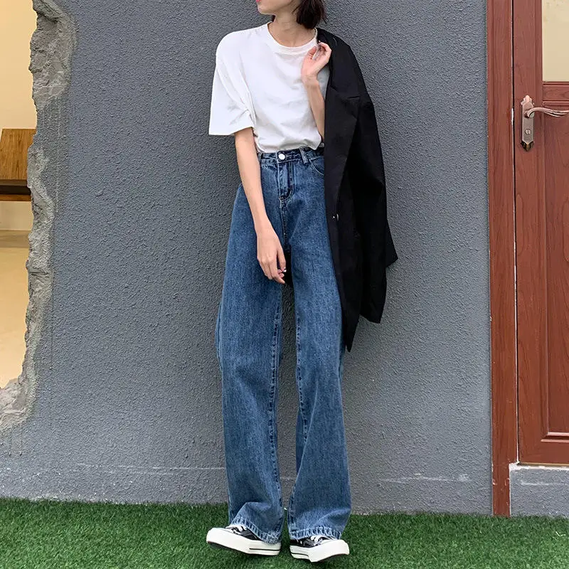 

Джинсы с высокой талией и широкими штанинами для женщин, свободные прямые брюки в уличном стиле, модные, для повседневной носки, осенний сезон