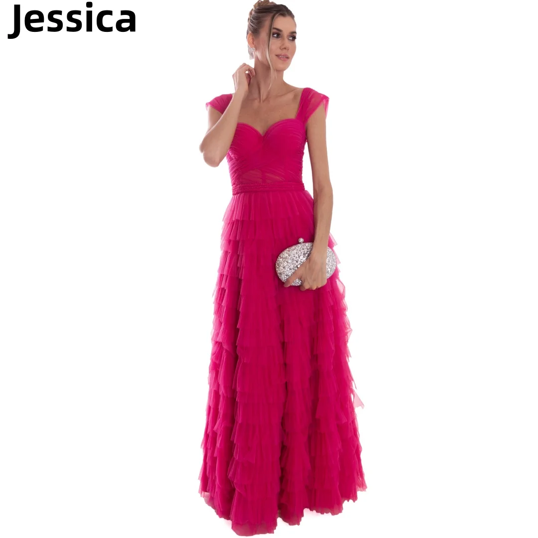 

Jessica Hot Pink Prom Dresses Sexy spaghetti Strap V-neck Evening Dress Tulle A-line Formal Occasions Elegant Lady Party Dress