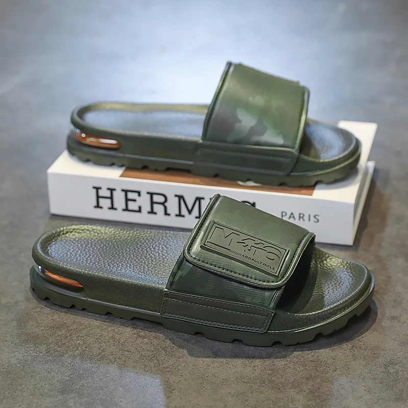 Unisex White Camo Velcro Slide Sandals Air Cushion Thick Lug Sole Adjustable Strap Non Slip Outdoor Beach Casual Slippers