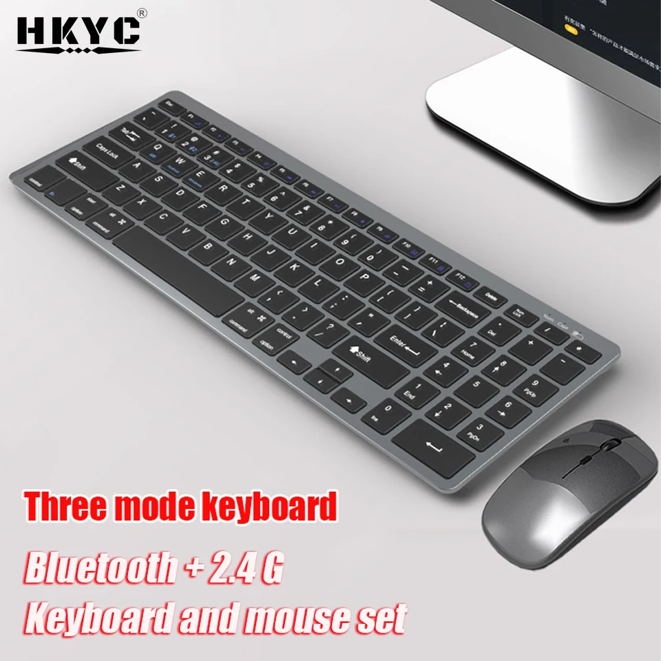 

HKYC Wireless Bluetooth Keyboard Three-mode Silent Full-size Keyboard and Mouse Combo Set for Notebook Laptop Desktop PC Tablet