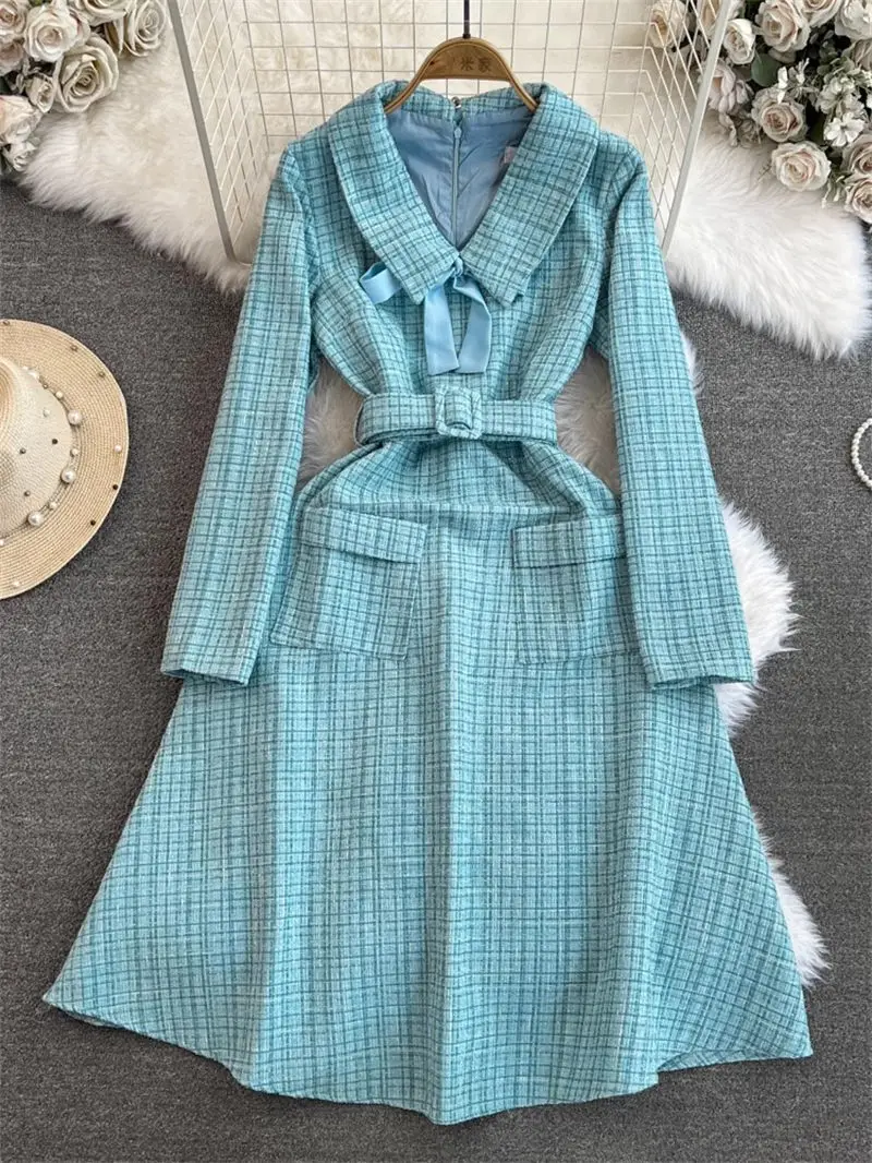 Lapel Bow Spliced Tweed Dress Elegant Belt Luxury Women Autumn Winter Vestidos Vintage Simple Casual Office Party Dress z4571