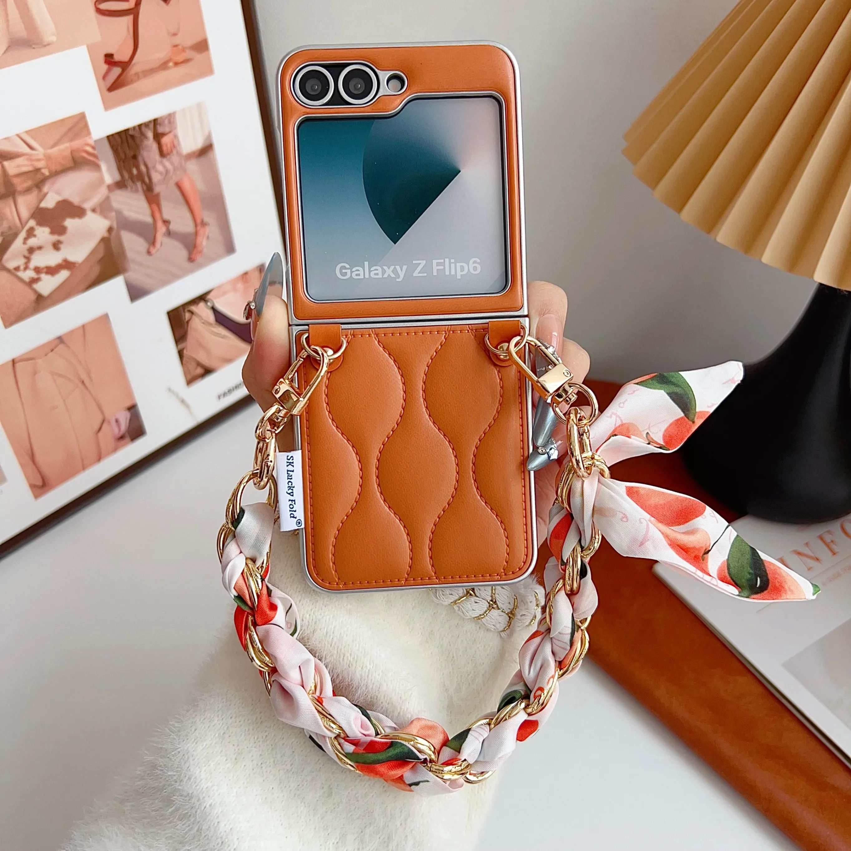 New for Samsung Folding Down Jacket Orange + Silk Scarf Cloth Chain for Samsung Galaxy Z Flip7 FE Phone Case