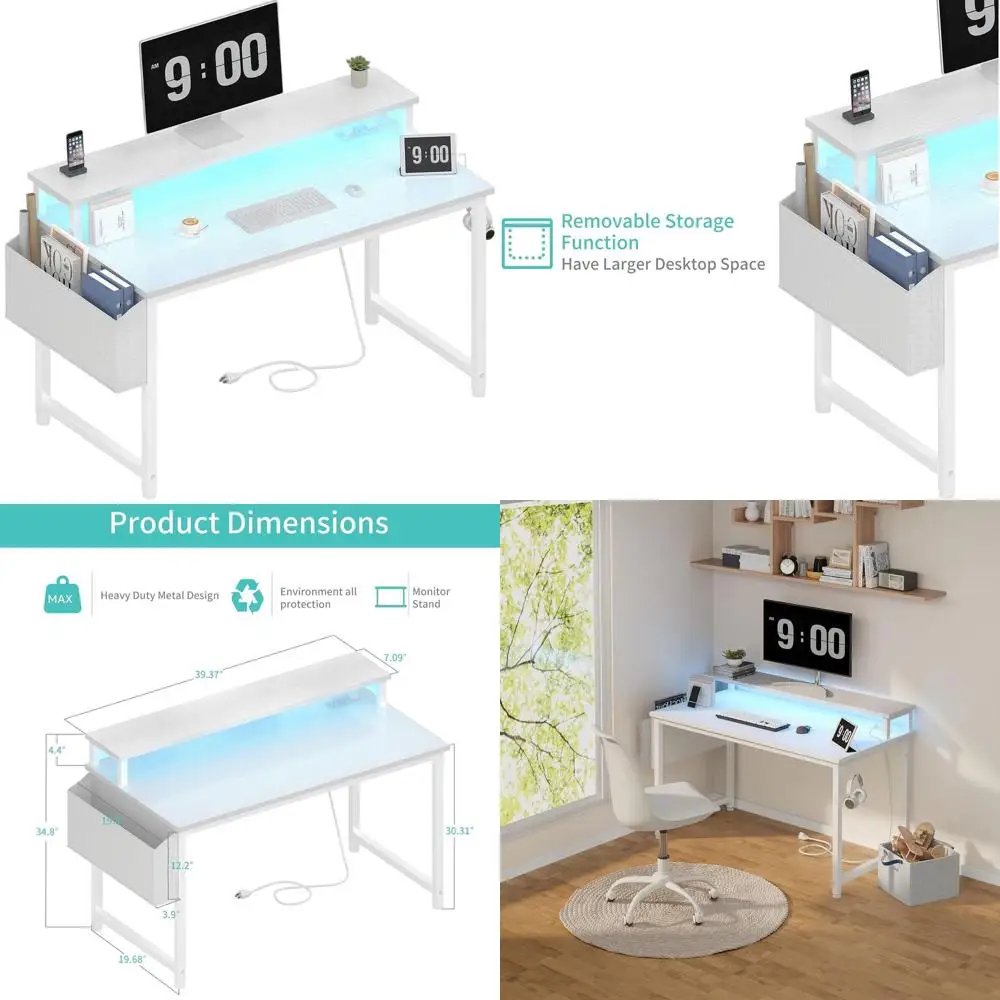 

LED-Lit 40 White Desk with Power Outlets, Monitor Stand, and Charging Station for Home Office, Study, and Gaming