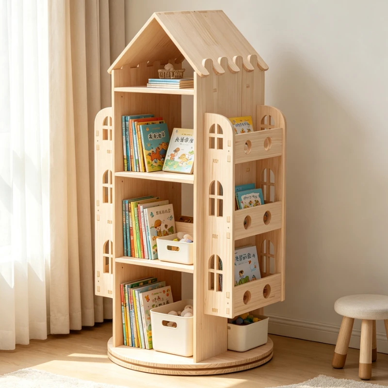 Wooden Rotating Bookshelf 360 Degree House Shape Storage Rack for Picture Books Toys Living Room Bedroom Organizer