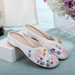 Veowalk Women  Soft Flock Cotton Fabric Embroidered Closed Toe Flat Mules Comfortable Elegant Ladies Casual Slippers home Shoes