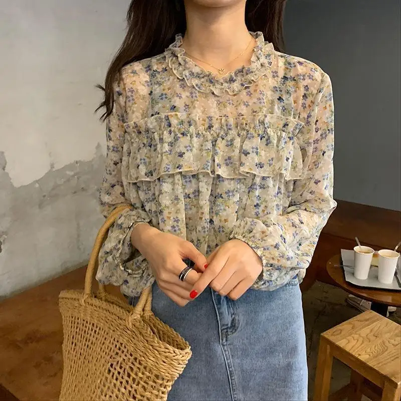 Spring Autumn Woman Clothes Elegant Trend Thin Long Sleeve Casual Floral Fashionable Sweet Temperament O-neck Tops Chiffon Grace