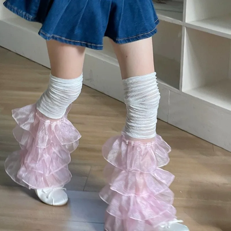 Women'S Solid Color Sheer Mesh Ruffle Layered Pleated Leg Warmers Stacked Calf Socks Cute And Sweet Style Slimming Long Length
