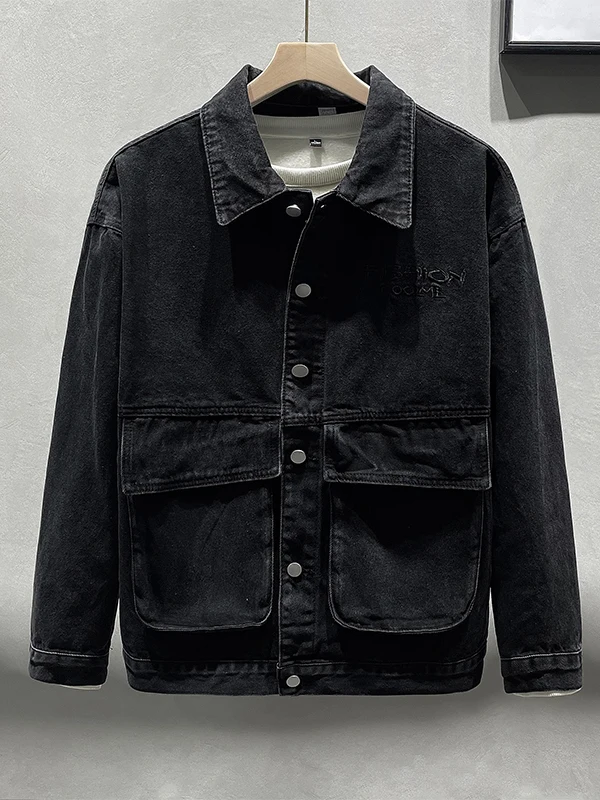 

Rustic Heavy-Stitching Casual Loose Denim Jaet for Men Spring Autumn 3D ket Trendy Brand Casual Collar Workwear Jaet