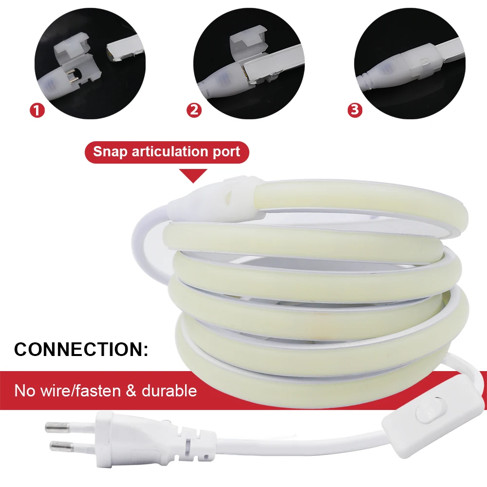 Impermeável Silicone LED Strip Light, Lâmpada ao ar livre flexível, Neon Sign COB Light, UE e Reino Unido Plug e Switch, 220V, RA90, 288LEDs/m