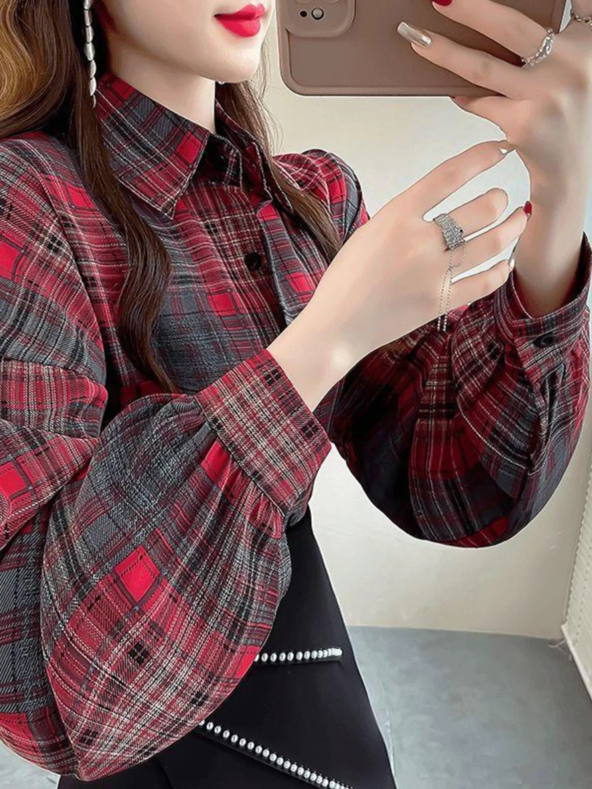 

Red Plaid Loose Long Sleeve Shirt Women's Autumn Fashion Print Turn-down Collar Mid-length Casual Business Style Polyester