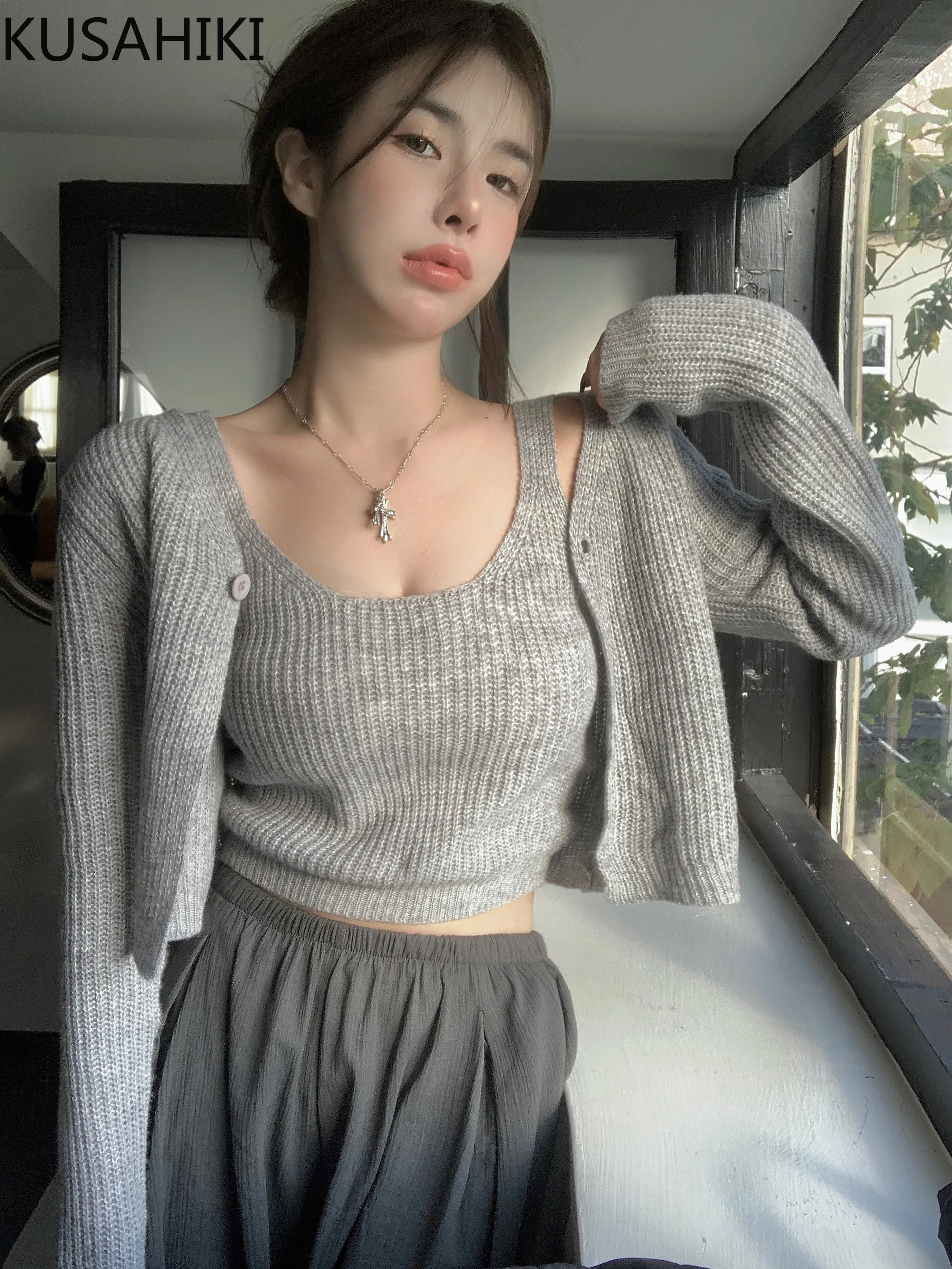 KUSAHIKI Korean Slim Short Knitted Cardigan Top Sets Women Autumn Spicy Girl Sexy Sling Vest Gray Two Pieces 2023 New