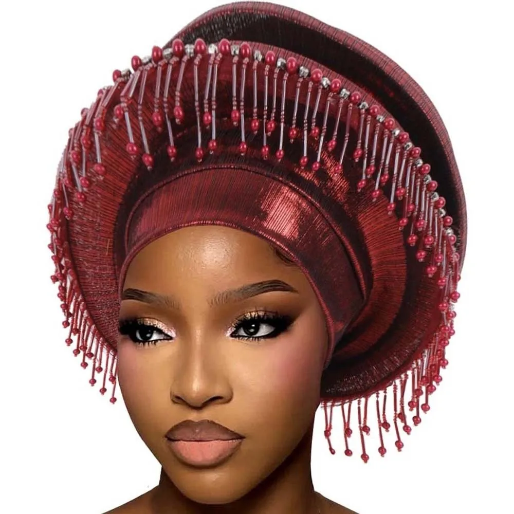 Turban africain plissé structuré, pré-noué, superposé, perlé, fait main, élastique, style influenceur de mode