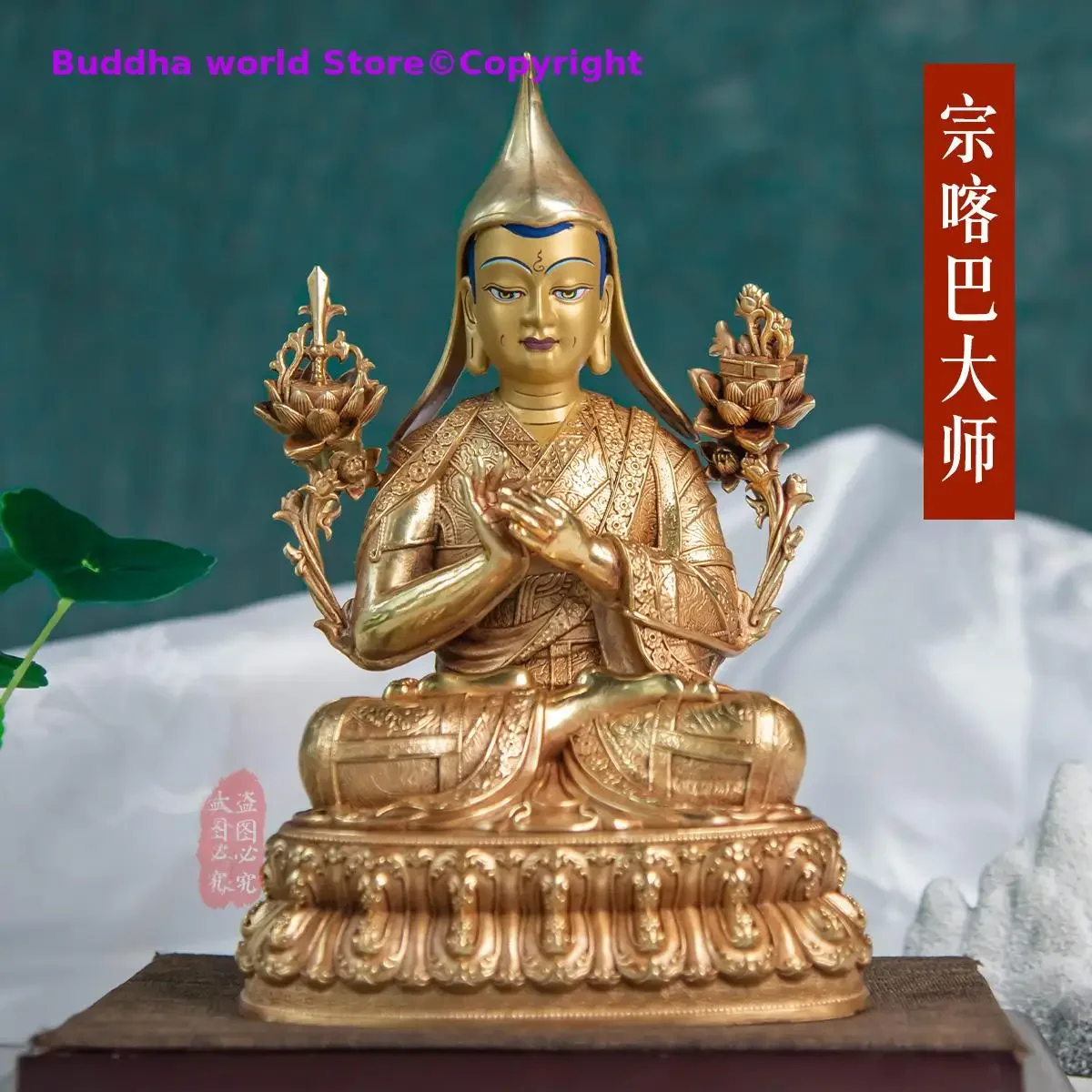 3PCS Asia Nepal Tibet HOME temple High grade Buddha statue bless safe healty Gilding Tsongkhapa ZONG KA BA Gods buddha statue