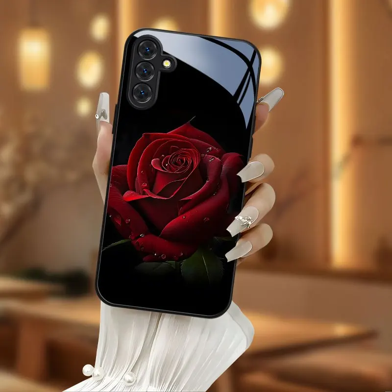 Black background red rose glass phone case for Samsung Galaxy S26 S25 S24 S23 S22 S20 FE/Ultra/Plus anti drop Cover