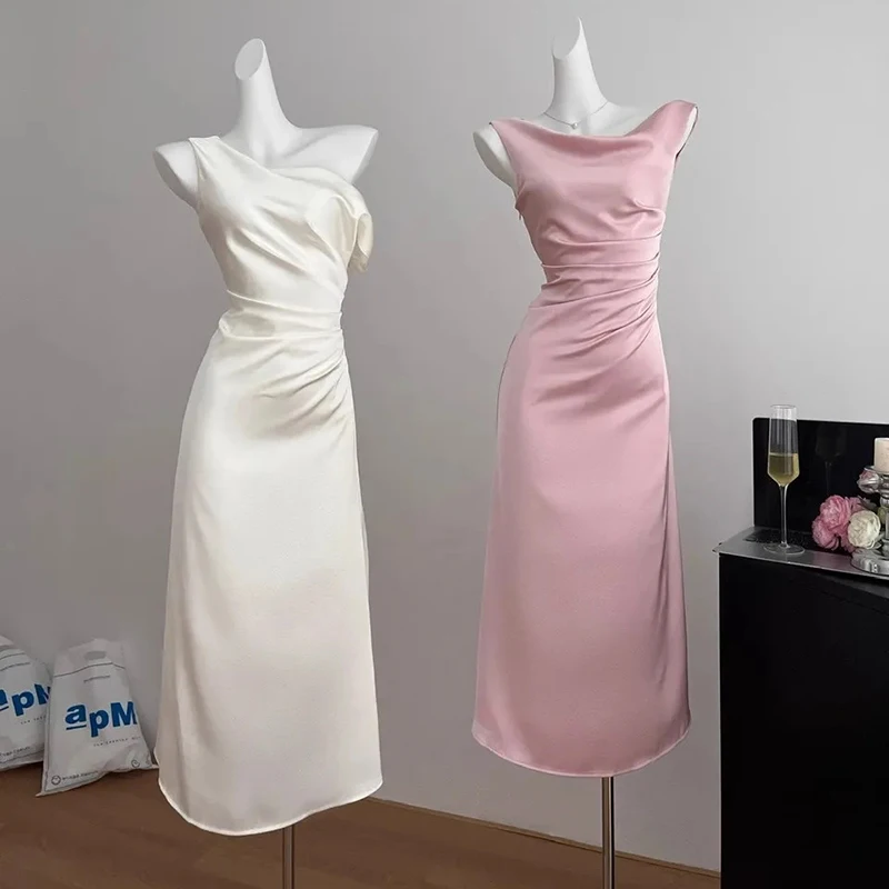 

Korean Sexy Halter Neck Vest Dress Women Elegant Satin Summer Bodycon Dress Fashion Solid Pleat Sleeveless Party Night Vestidos