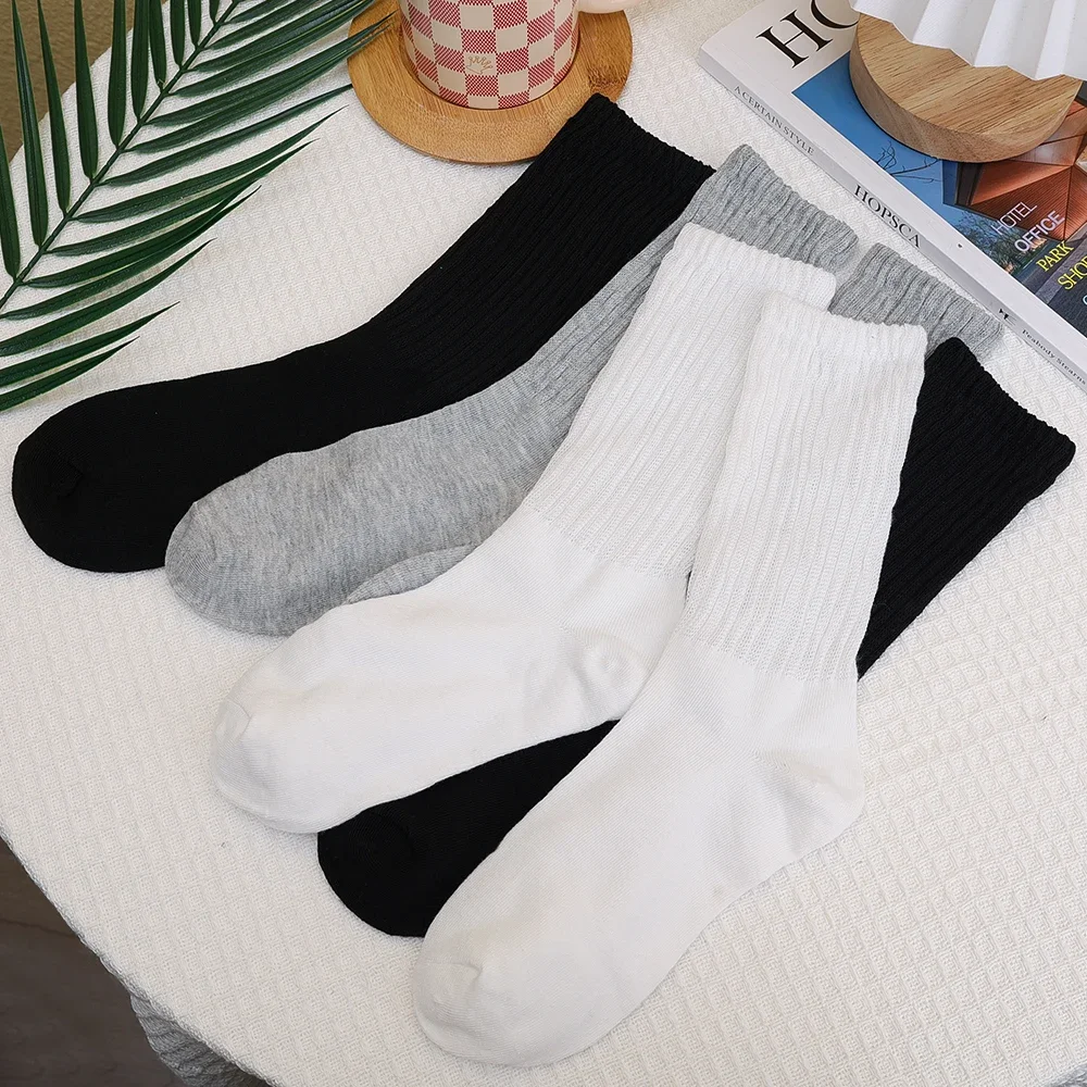 Y2k Women Socks Knitted Girls Black Casual Long White Solid Loose Crochet Middle Tube Lolita Sox Cotton Boot Cuffs Ruffles Socks