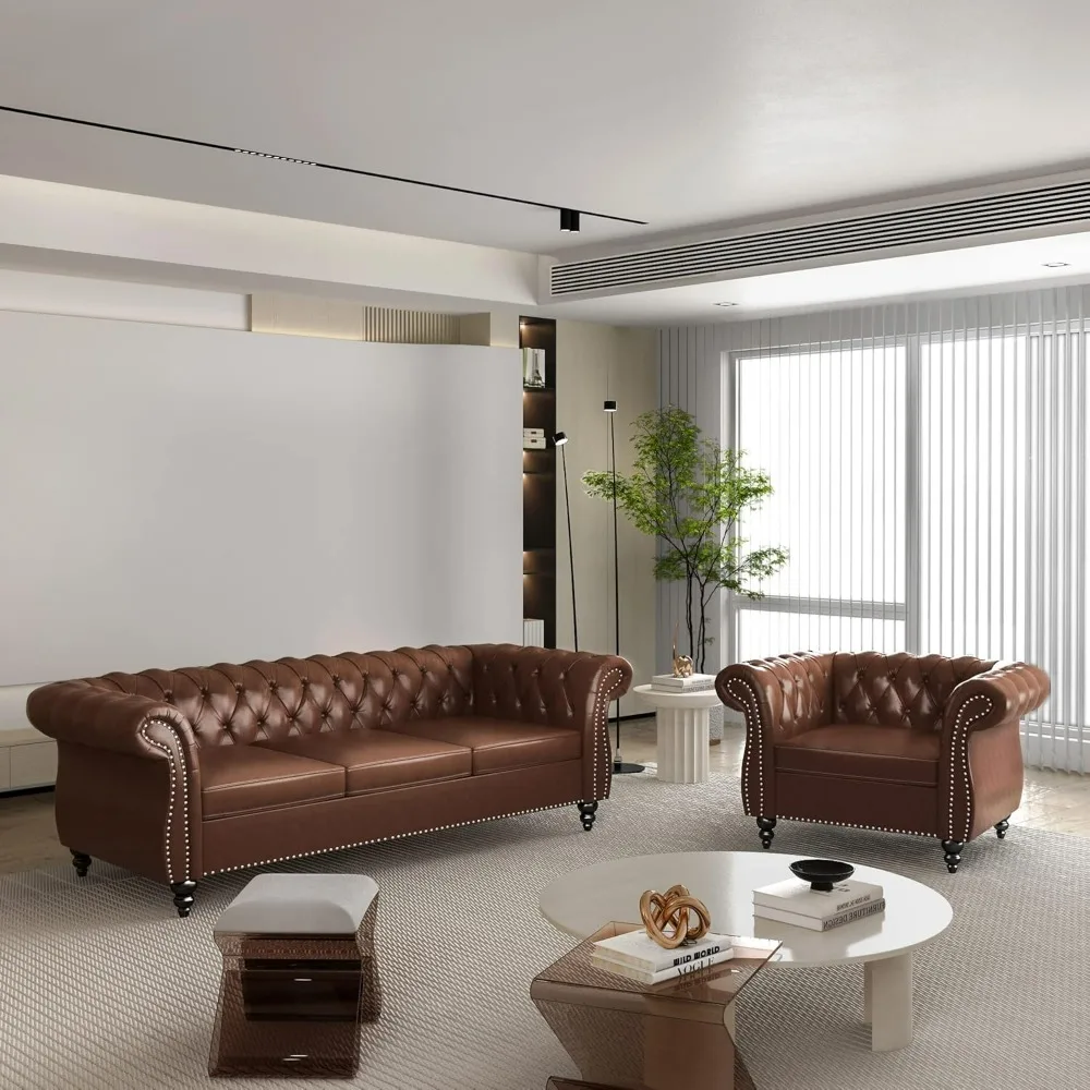 Juego de sala de estar de 2 piezas, sofá seccional Chesterfield, sofá de dos plazas tapizado de cuero contemporáneo para sala de estar