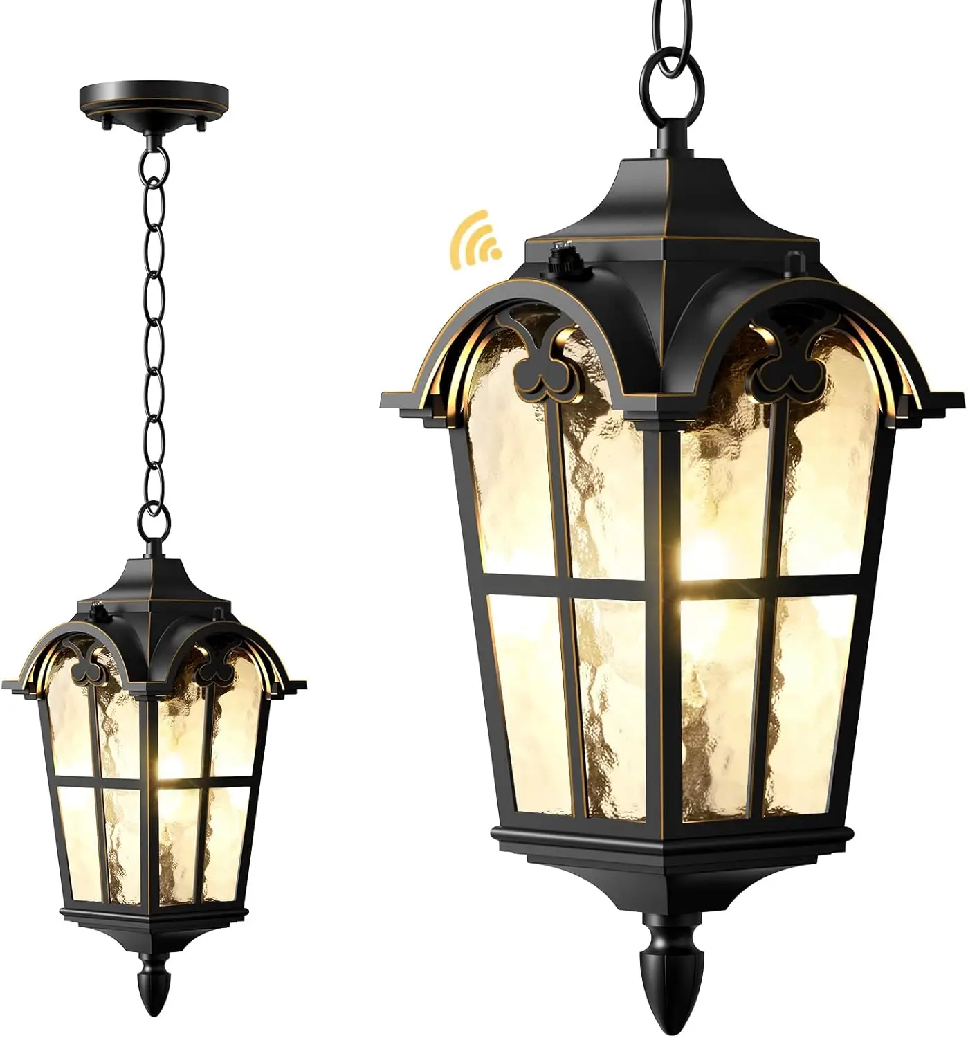 

Outdoor Pendant Light Dusk to Dawn, Anti-Rust Aluminum Chandelier, Waterproof Hanging Fixture for Porch, Black with Gold Edges