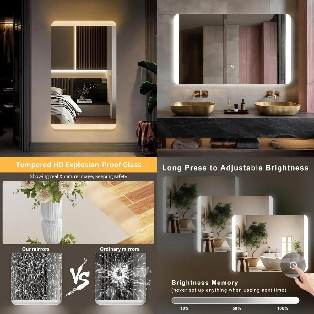 Espelho de vaidade retroiluminado LED retangular sem moldura para banheiro com cantos arredondados, resistente a estilhaços, regulável