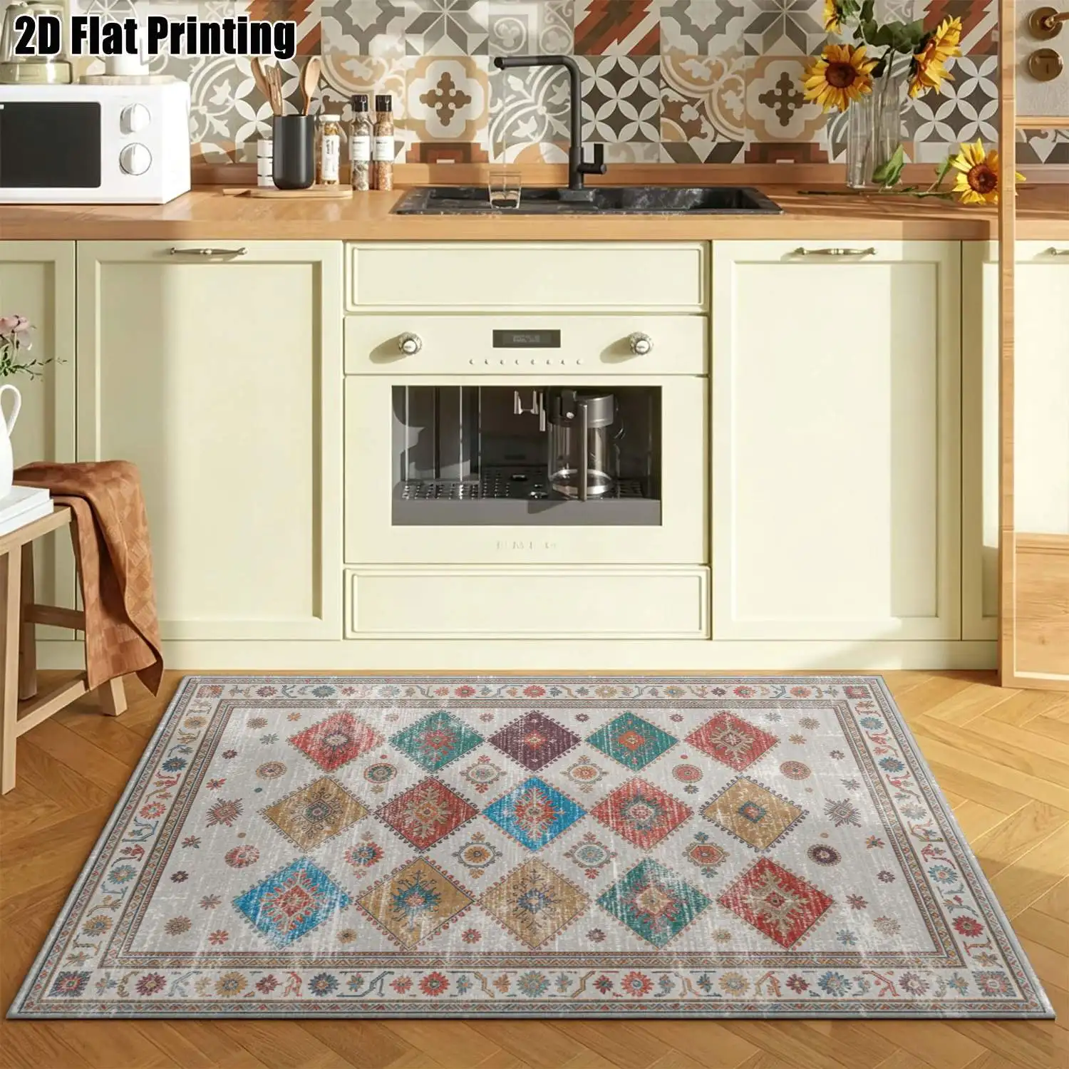 1Pc 2D Printed Gray Retro Ethnic Pattern Carpet, European/Bohemian Style, Machine Washable, Ideal for Home Decor & Multi-Scenario Use
