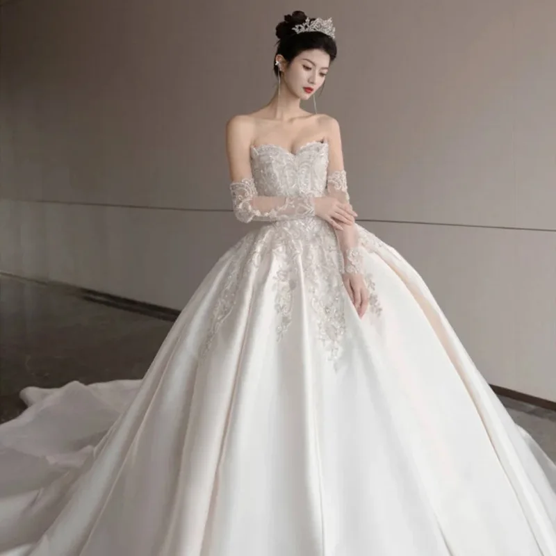 shinny Wedding Dresses 2025 Detachable Sleeves Luxury Strapless Wedding Dress With Brush Train Luxury Ball Gown Customized