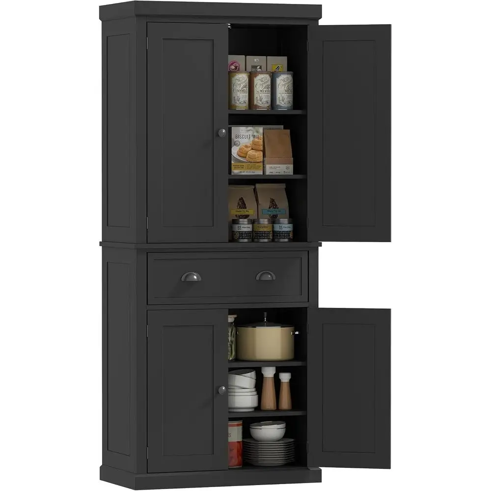 

72.5" Kitchen Pantry Cabinet, Traditional reestanding Storage Cabinet with 4 Do, Der and 3 Adjustable Shelves or Dining Room, Bl