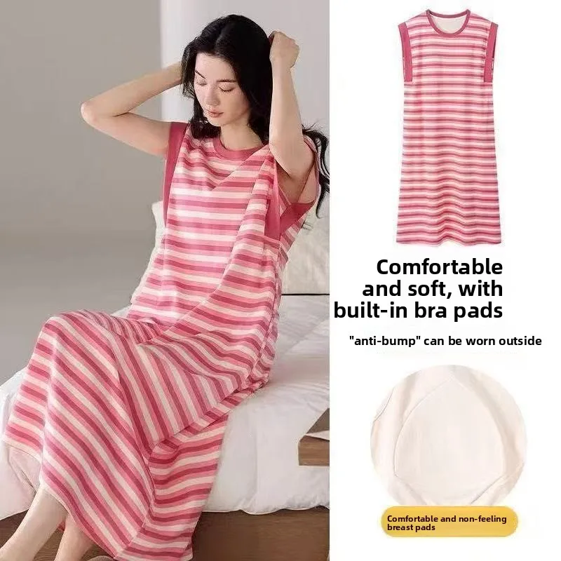 Cute Summer New Korean Version Black Stripe Nightgown For Girls With Chest Pad Mid Length Sleepwear Outwear Home Dress 3XL